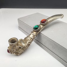 Großhandel antike tibetische Silber-Tabakpfeife, gealterte vernickelte Neusilber-Pfeifenspitze mit Edelsteinbesatz, handgefertigtes Geschäftsgeschenk und Sammlerstück